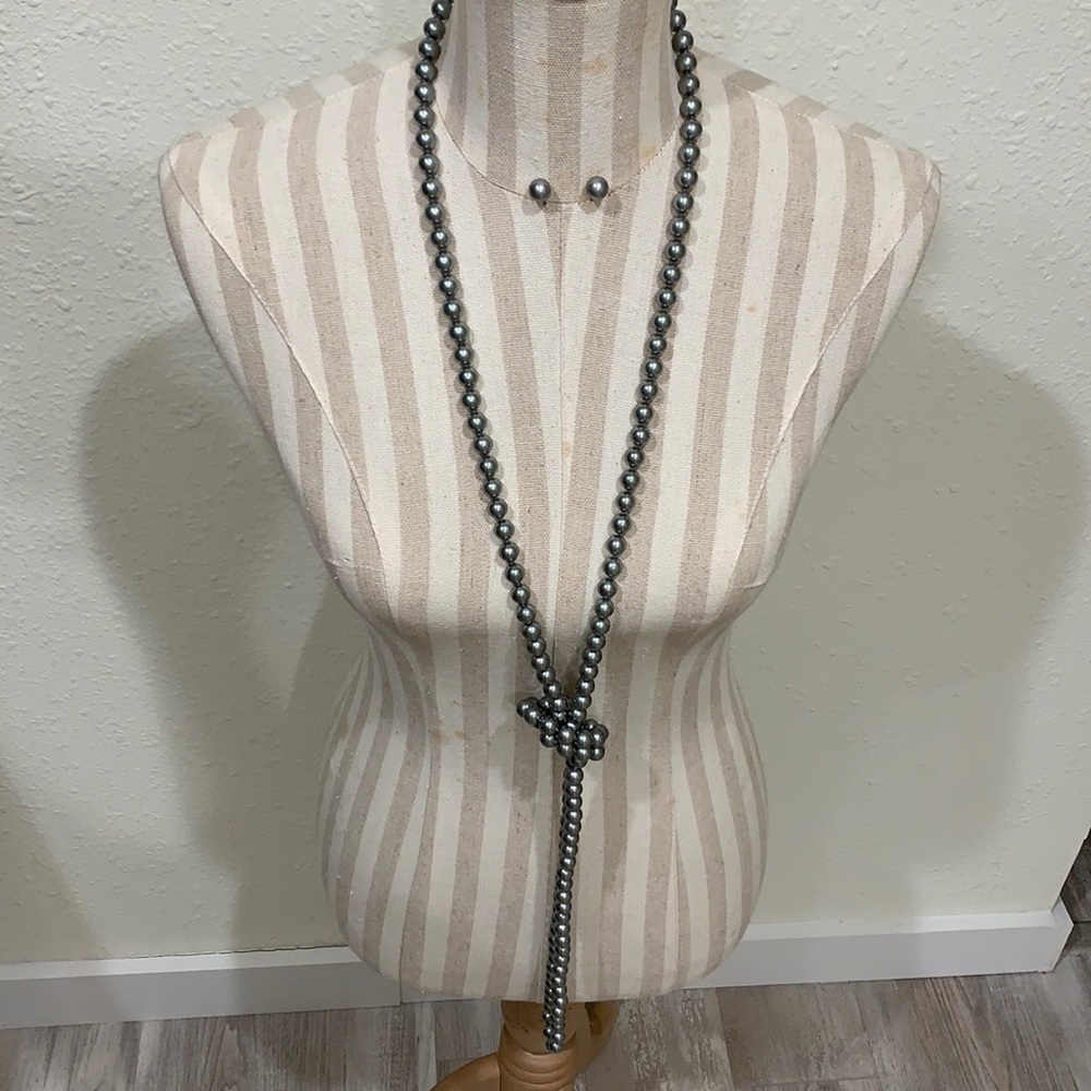 Silver Grey Faux Pearl Set (Necklace and Earrings)